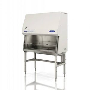 a gray science cabinet with a clear window.